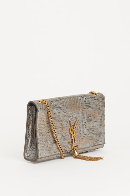 Metallic Croc Embossed Leather Preowned Kate Shoulder Bag