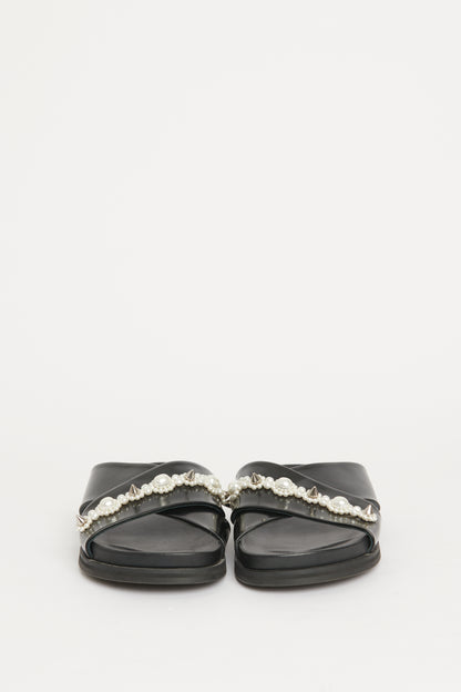 Black Leather Pearl Embellished Preowned Slides