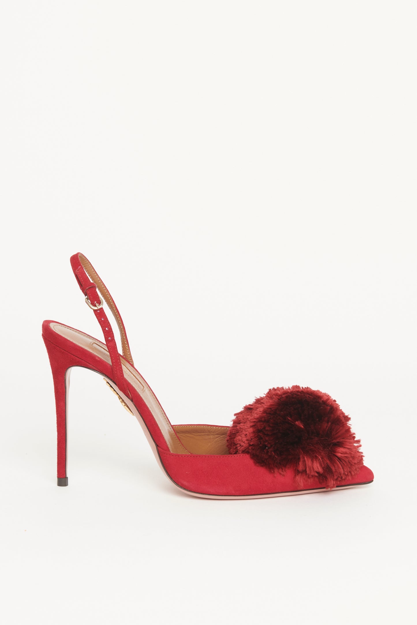 Burgundy Suede Pom Pom Slingback Pumps