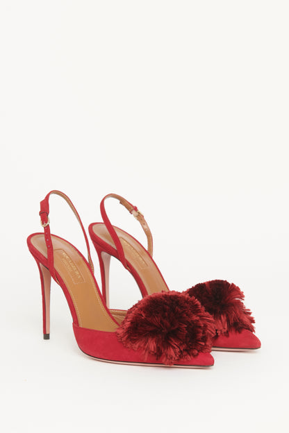 Burgundy Suede Pom Pom Slingback Pumps