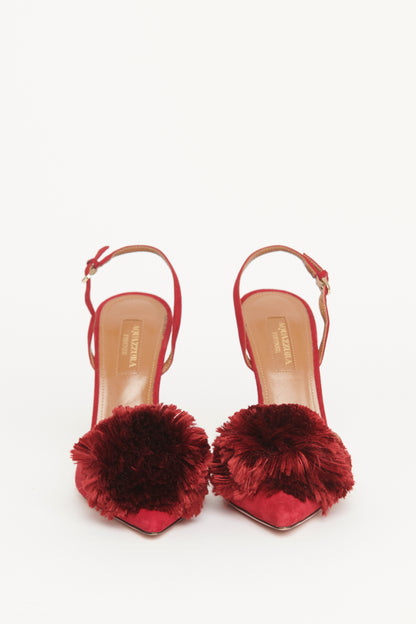 Burgundy Suede Pom Pom Slingback Pumps