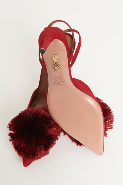 Burgundy Suede Pom Pom Slingback Pumps