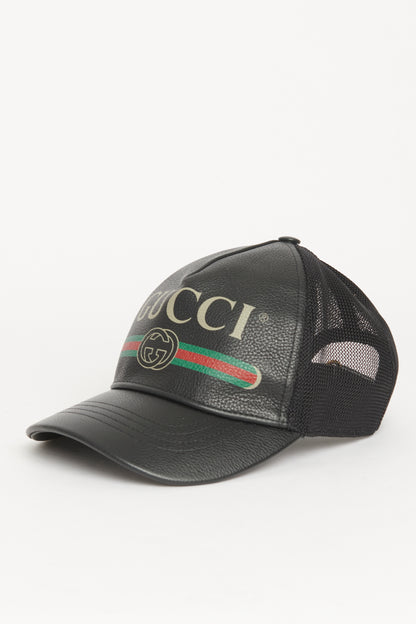 Black Leather Leather Logo Baseball Cap