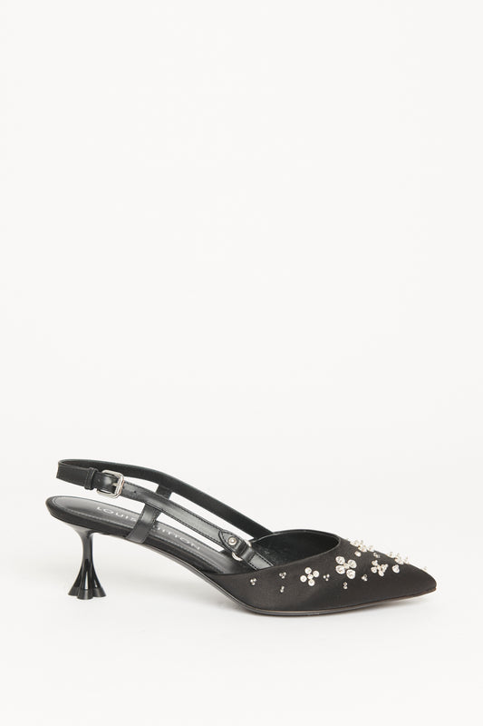 Black Satin Mirage Blossom Preowned Slingback Pump