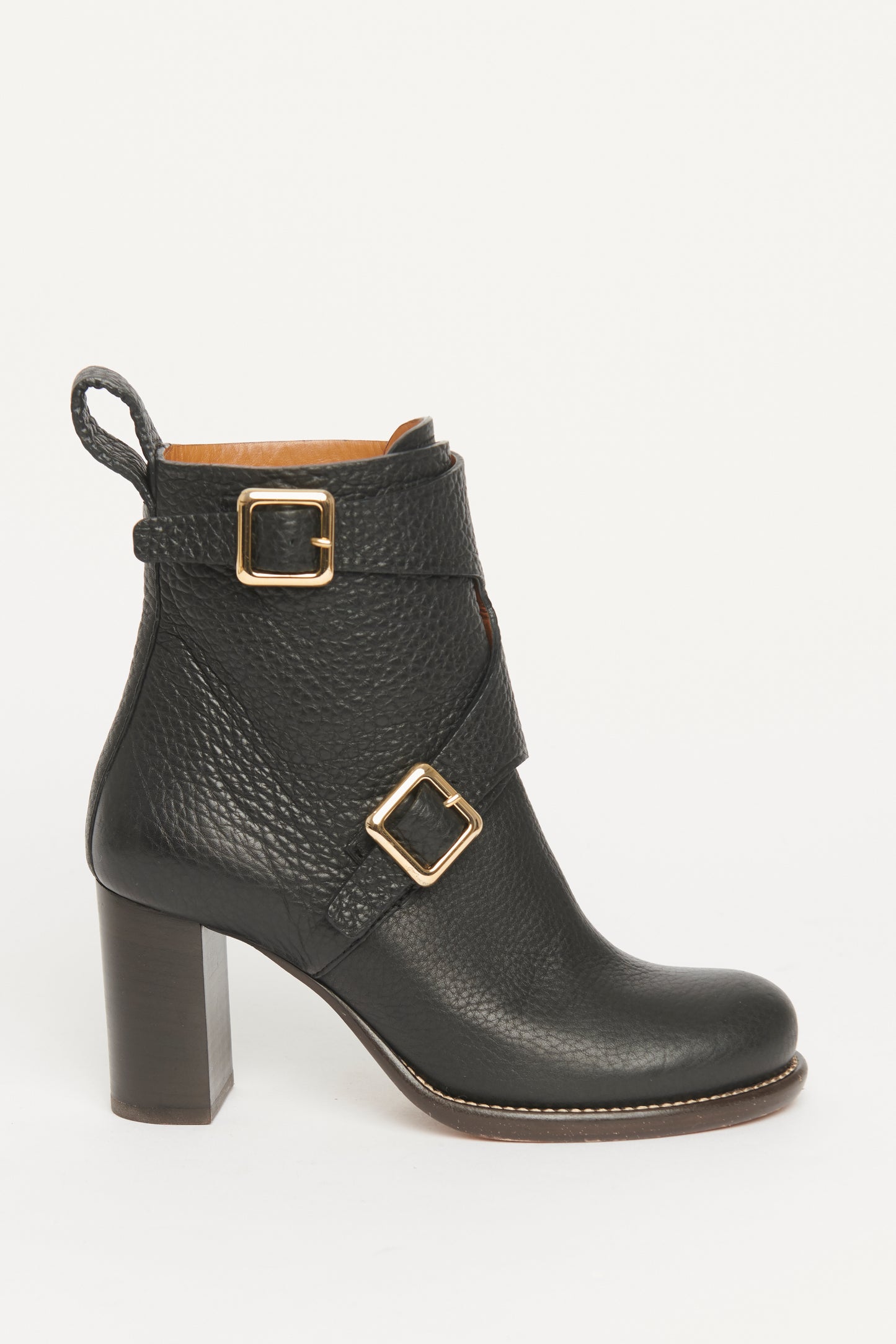 Black Leather Preowned Double Buckle Ankle Boots