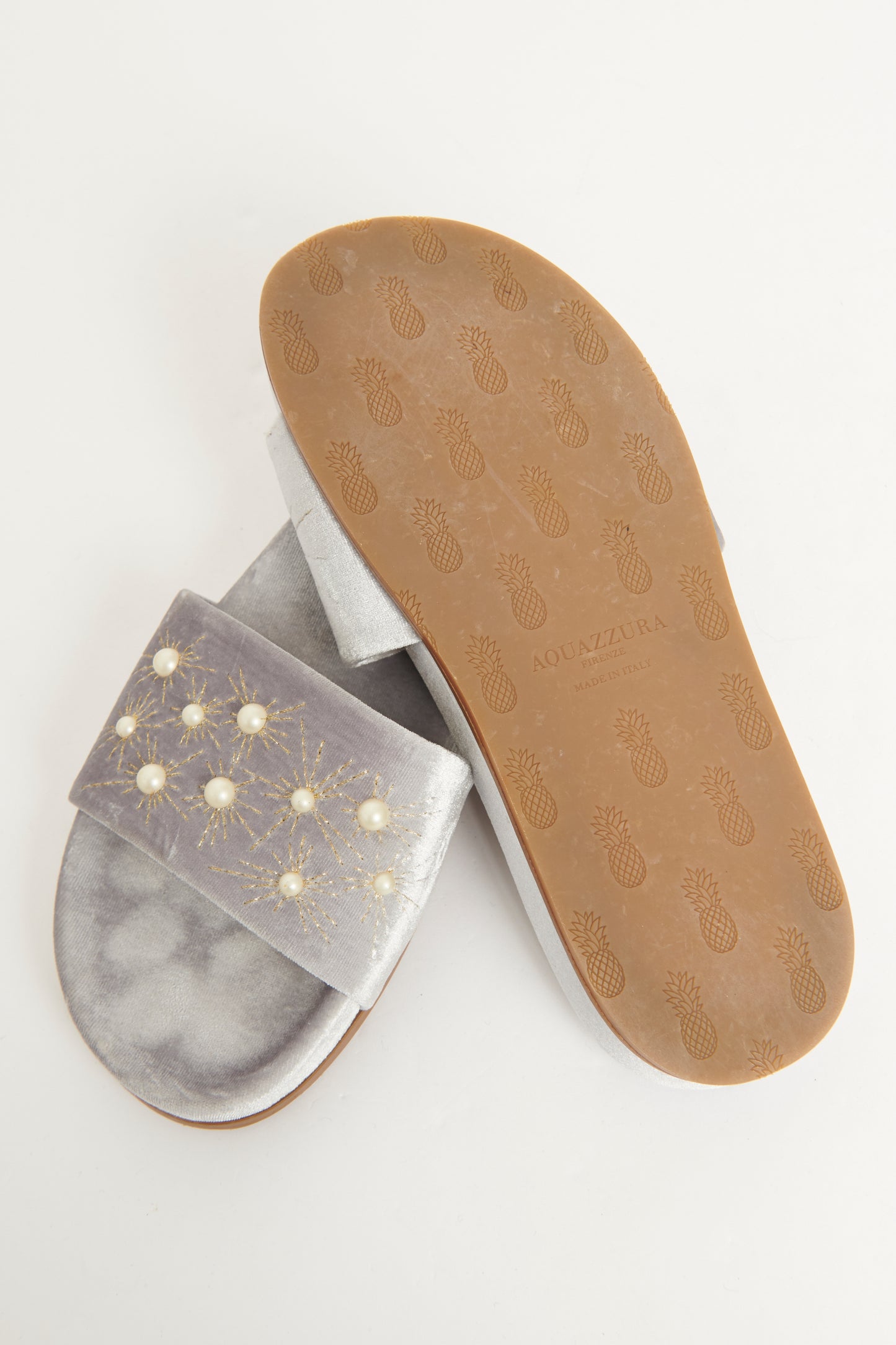 Faux Pearl Accents Velvet Preowned Slides