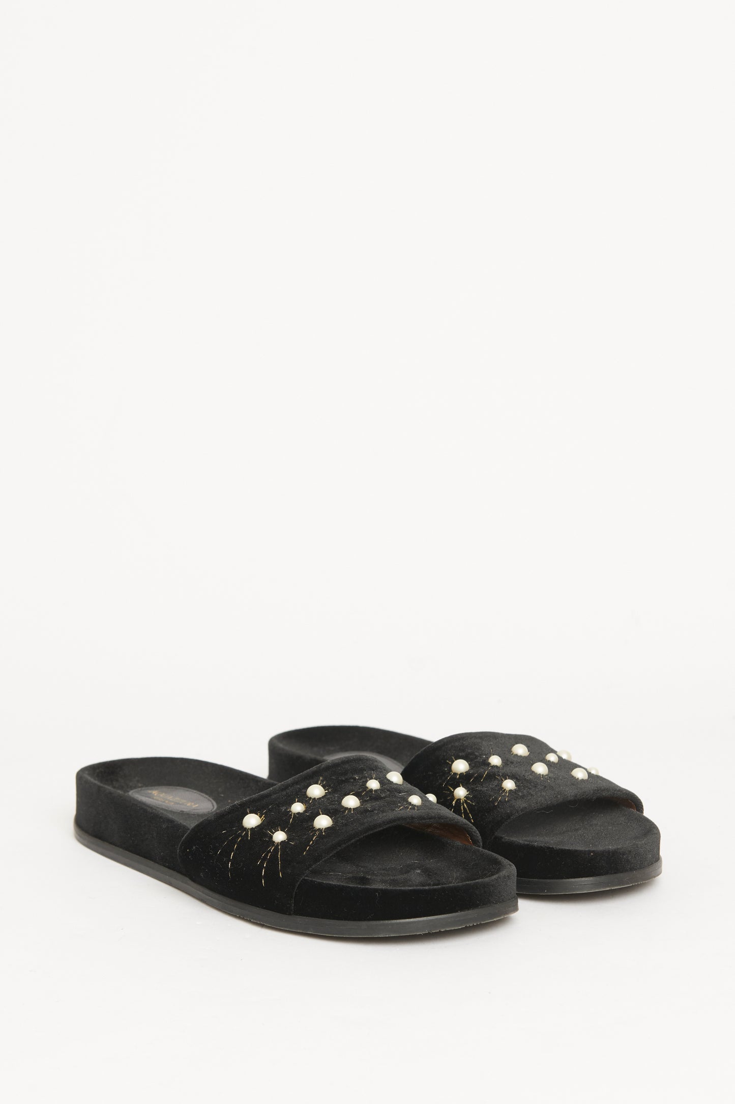 Black Faux Pearl Accents Velvet Preowned Slides