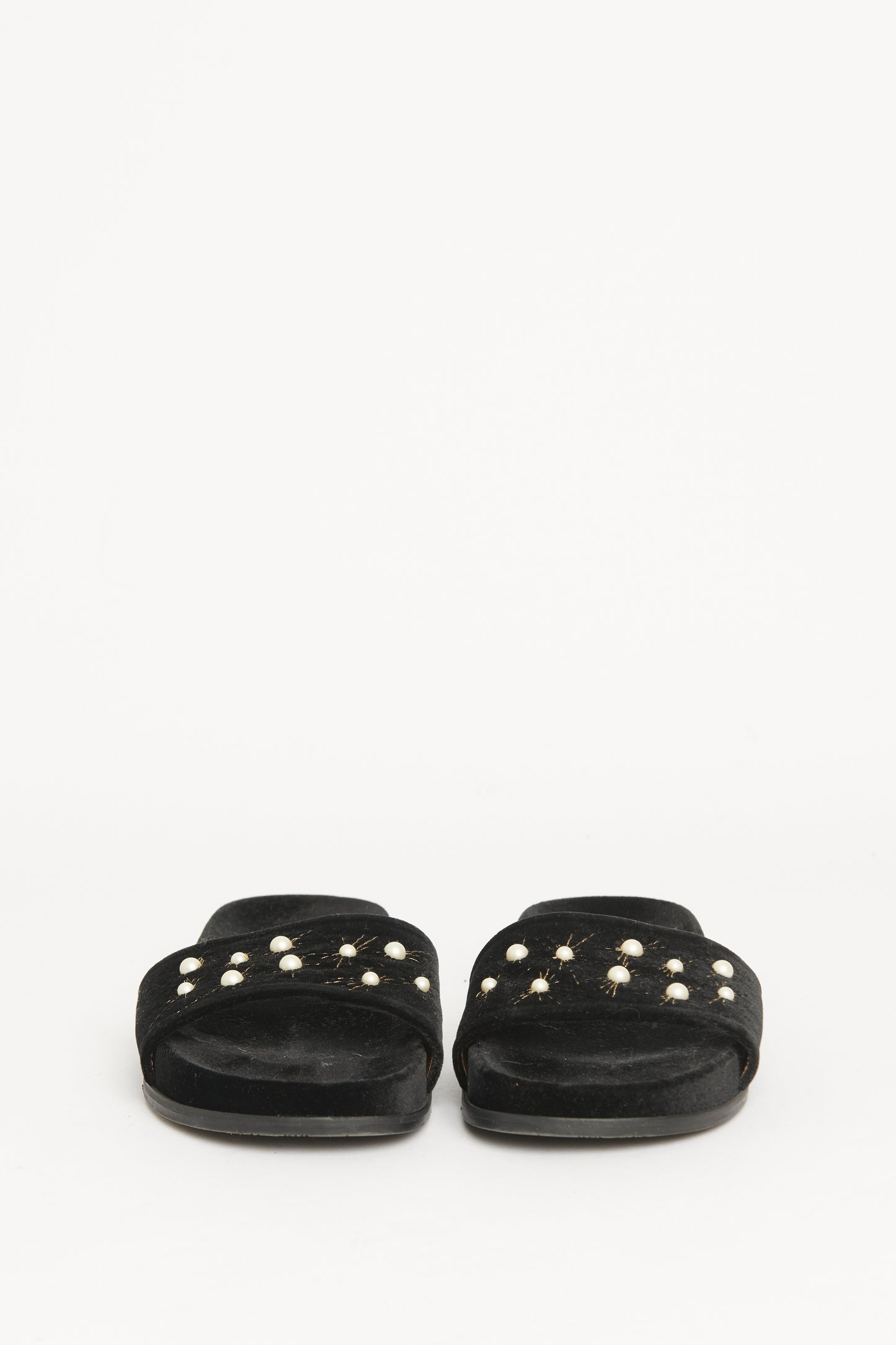 Black Faux Pearl Accents Velvet Preowned Slides