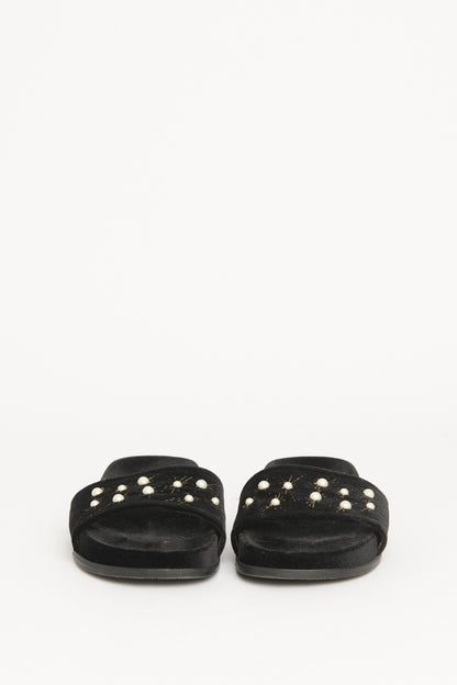 Black Faux Pearl Accents Velvet Preowned Slides