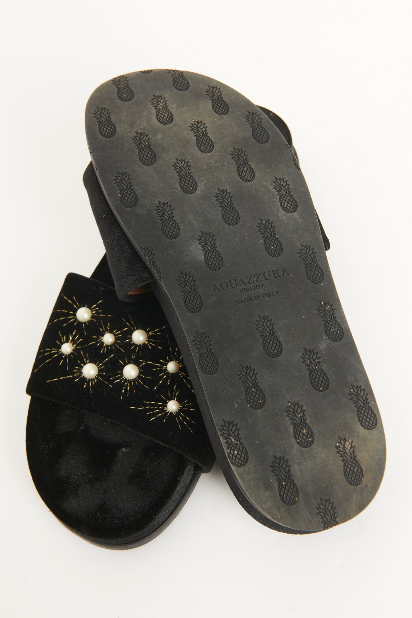 Black Faux Pearl Accents Velvet Preowned Slides