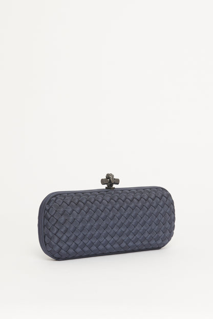 Blue Satin Intrecciato Stretch Preowned Knot Clutch