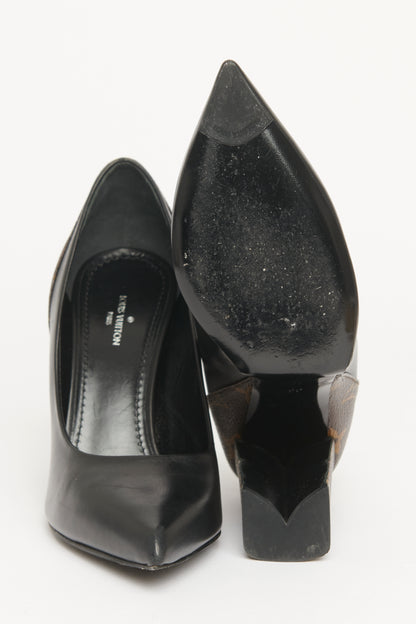 Black Leather Preowned Matchmake Block Heel Pumps