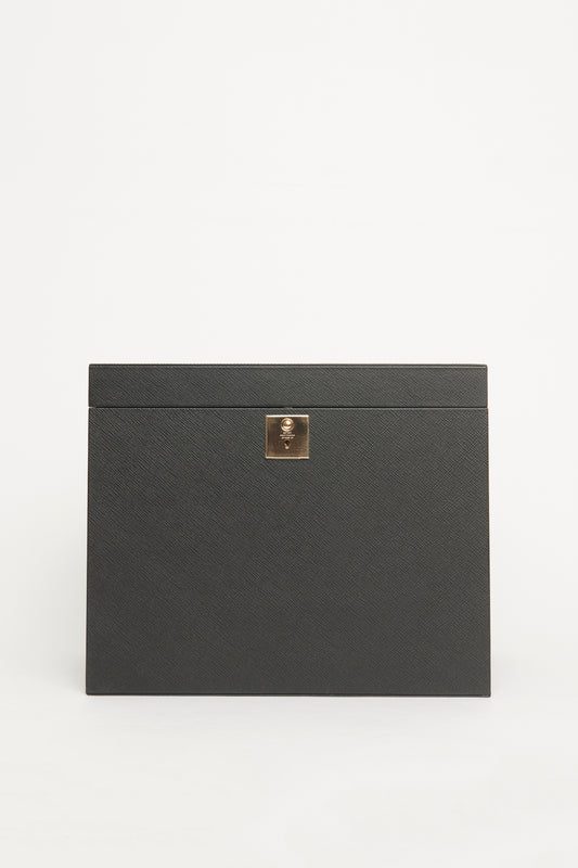 Black Panama Crossgrain Leather Preowned Deluxe Jewellery Box