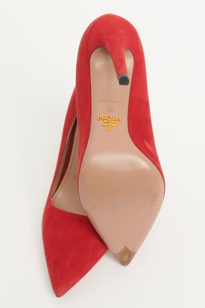 Red Suede Pointed Toe Preowned Pumps