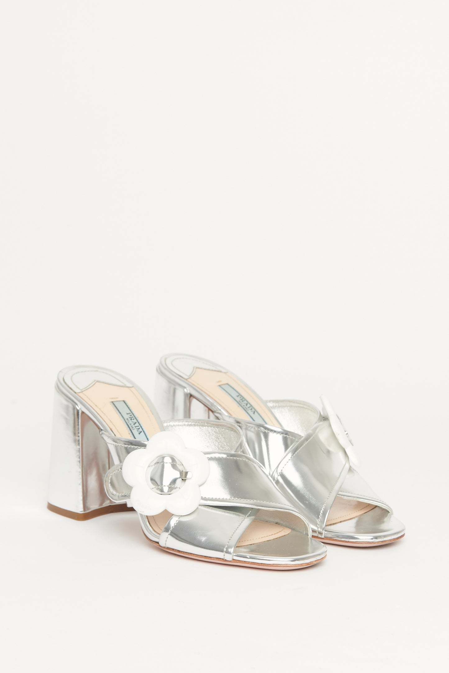 Silver Mirror Leather Daisy Preowned Mules