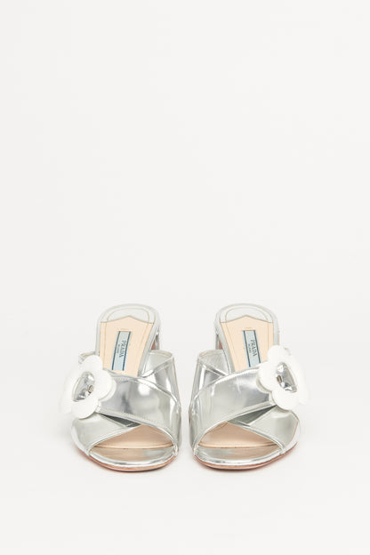 Silver Mirror Leather Daisy Preowned Mules