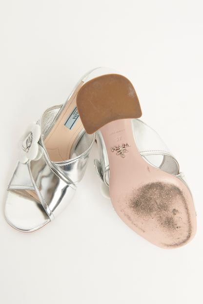 Silver Mirror Leather Daisy Preowned Mules