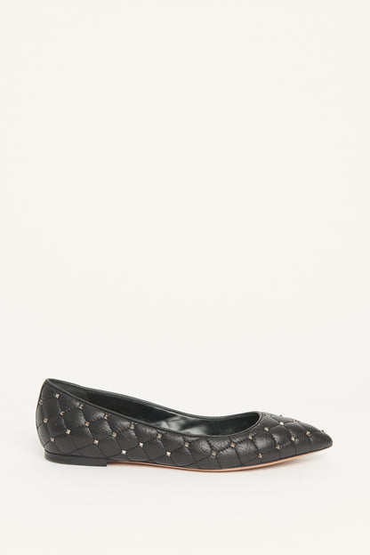 Black Quilted Leather Preowned Rockstud Ballet Flats