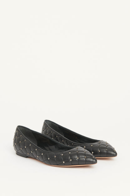 Black Quilted Leather Preowned Rockstud Ballet Flats