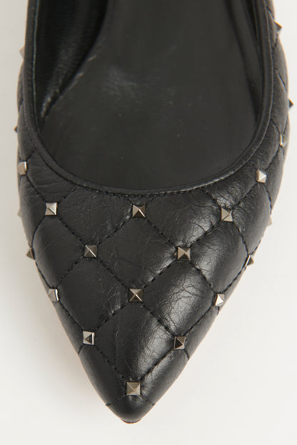 Black Quilted Leather Preowned Rockstud Ballet Flats