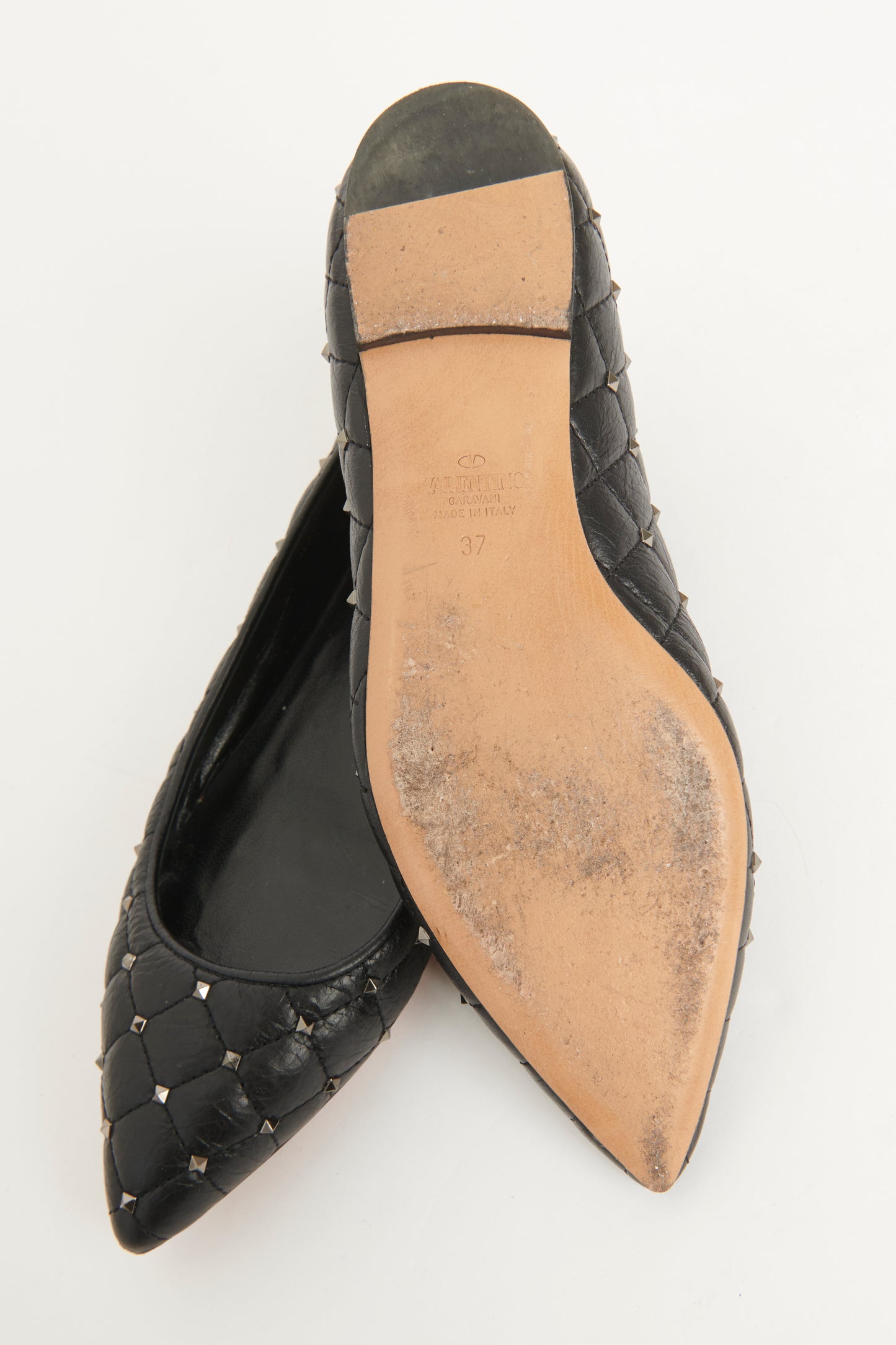 Black Quilted Leather Preowned Rockstud Ballet Flats