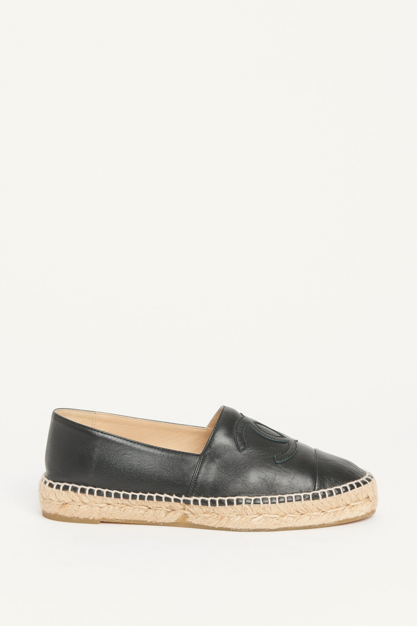 Black Leather Cap Toe CC Preowned Espadrilles