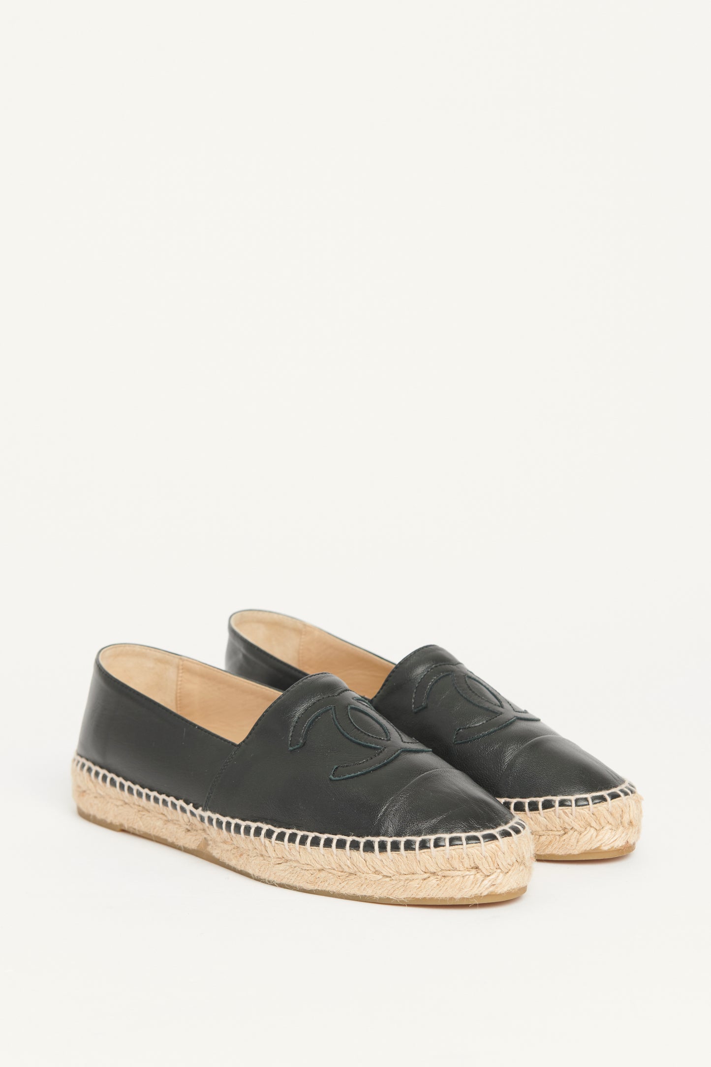 Black Leather Cap Toe CC Preowned Espadrilles