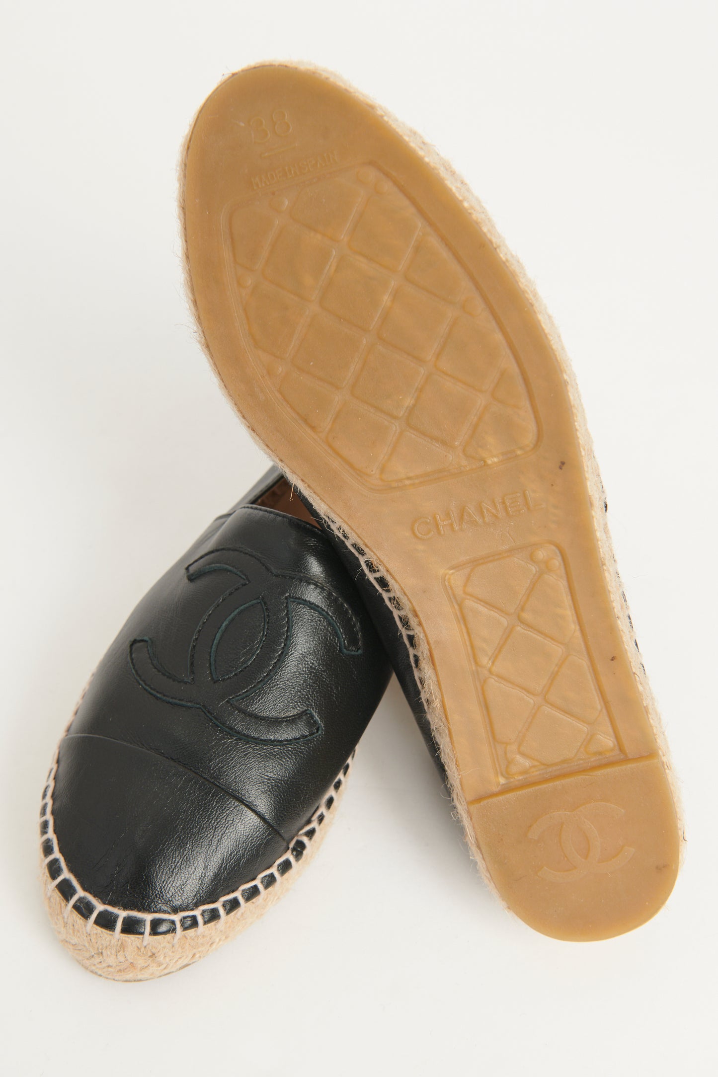 Black Leather Cap Toe CC Preowned Espadrilles