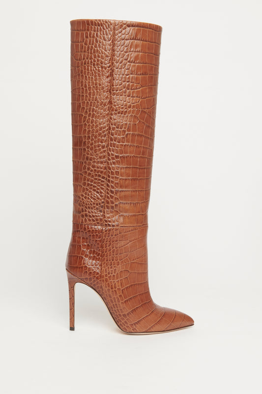 Brown Leather Croc Embossed Preowned Pointed Toe Boots