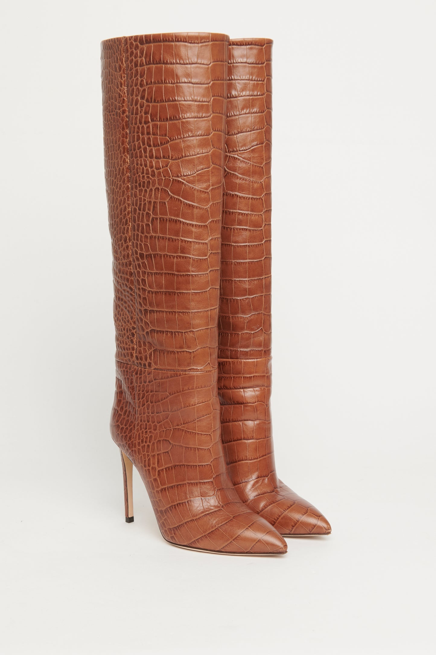 Brown Leather Croc Embossed Preowned Pointed Toe Boots