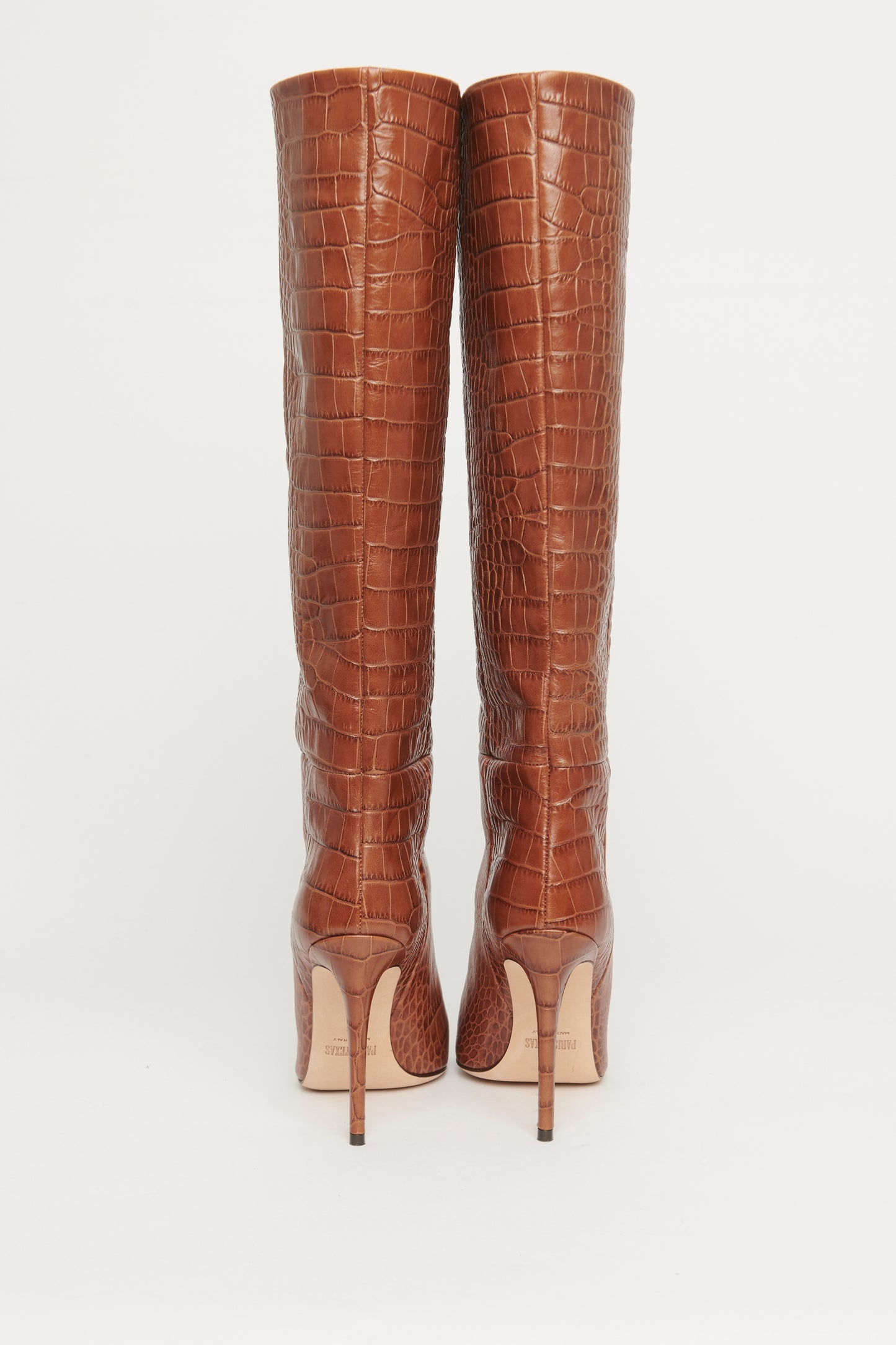 Brown Leather Croc Embossed Preowned Pointed Toe Boots