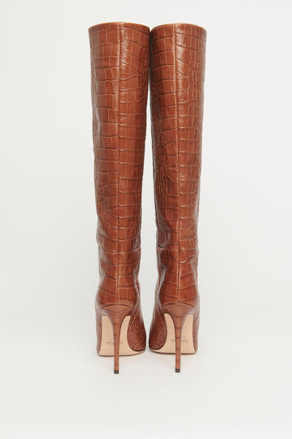 Brown Leather Croc Embossed Preowned Pointed Toe Boots