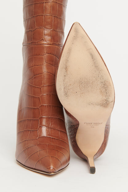 Brown Leather Croc Embossed Preowned Pointed Toe Boots