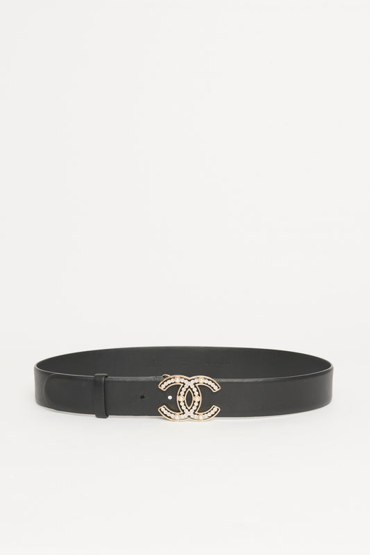 2019 Black Leather Preowned CC Crystal Embellished Belt