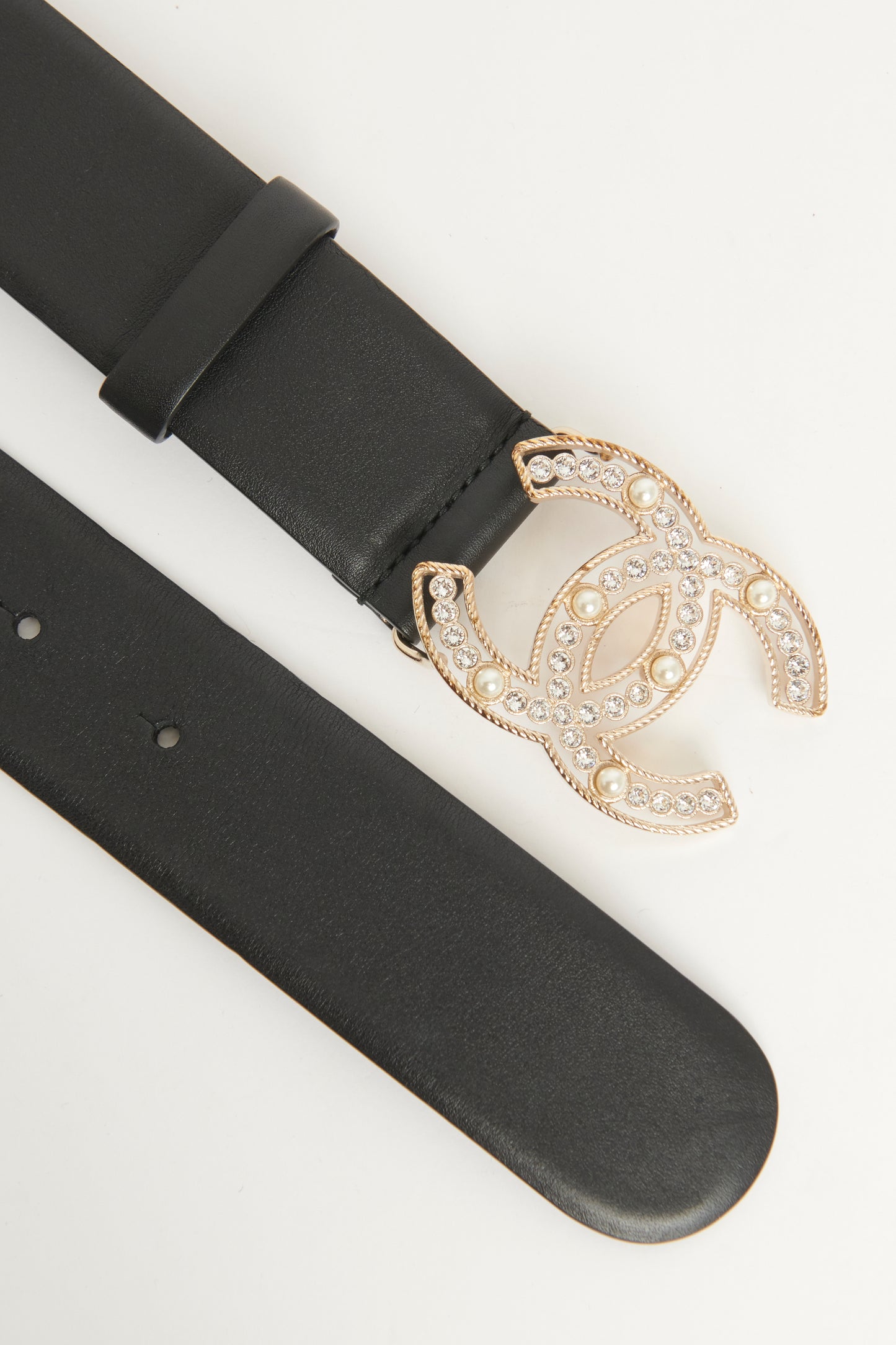 2019 Black Leather Preowned CC Crystal Embellished Belt