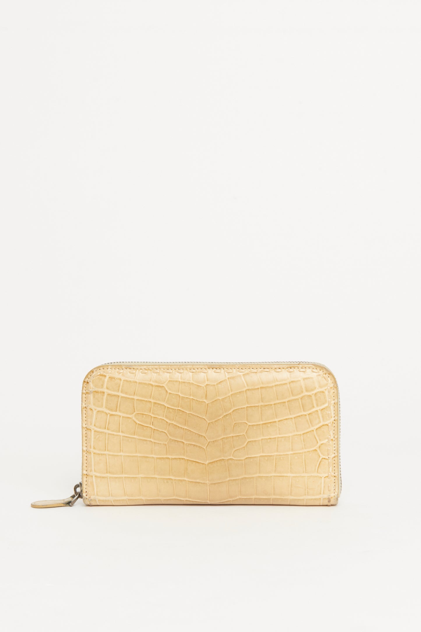 Beige Crocodile Preowned Zip-Up Wallet