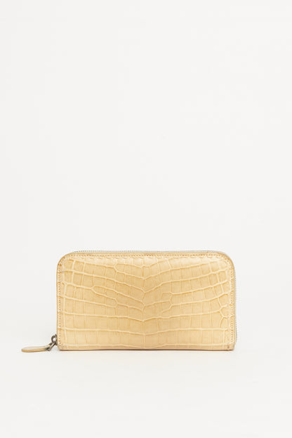 Beige Crocodile Preowned Zip-Up Wallet