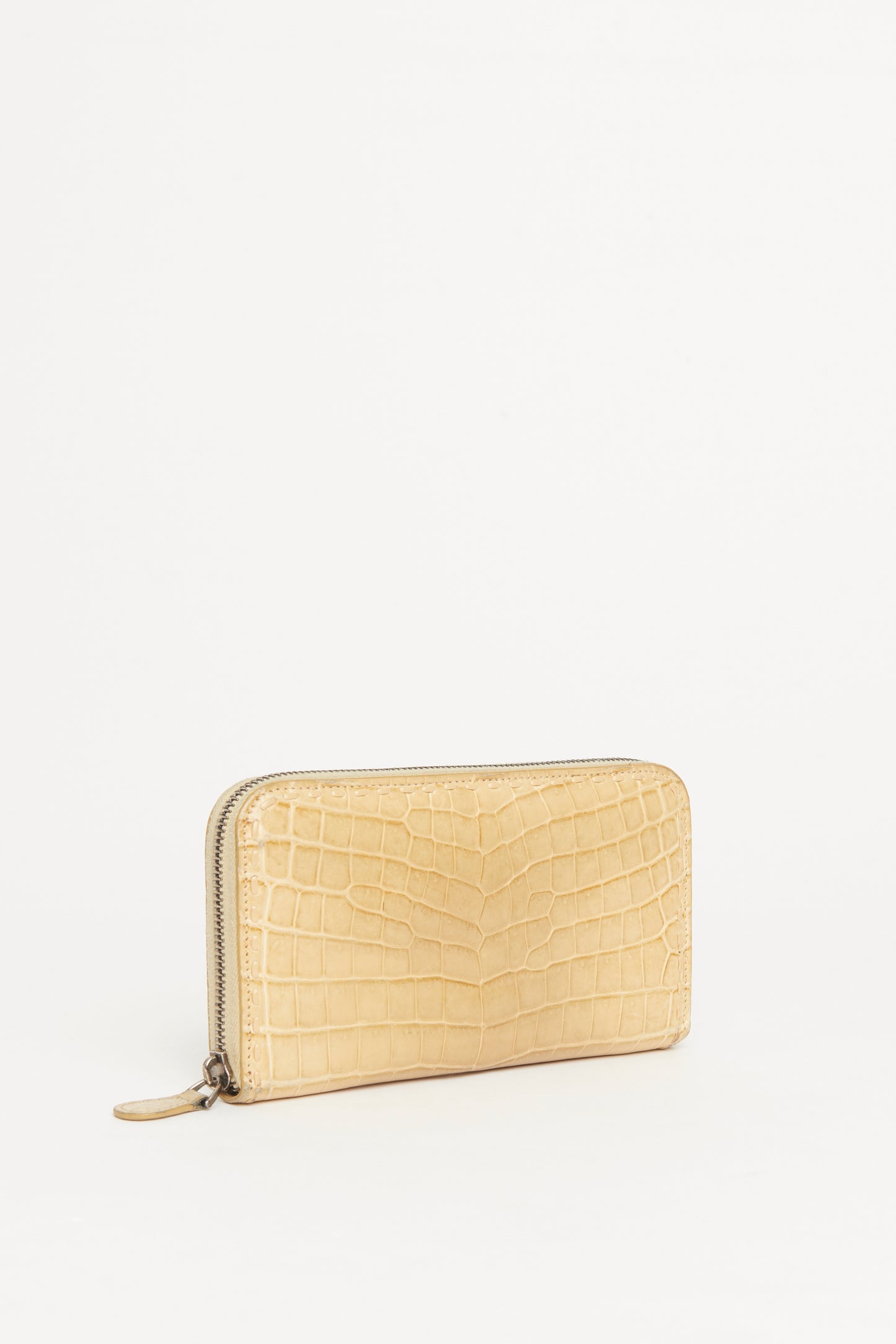 Beige Crocodile Preowned Zip-Up Wallet