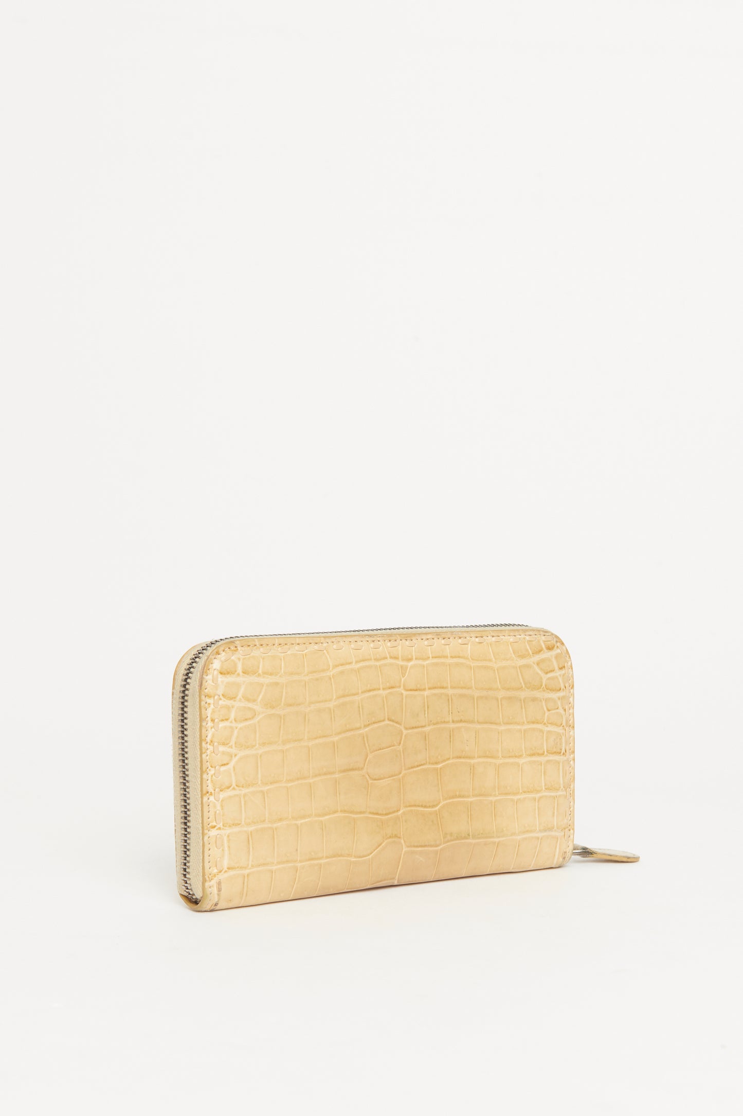 Beige Crocodile Preowned Zip-Up Wallet