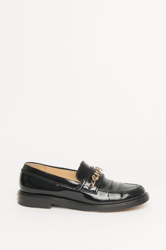 2022 Black Patent Calfskin Preowned Chain-link Logo Loafers