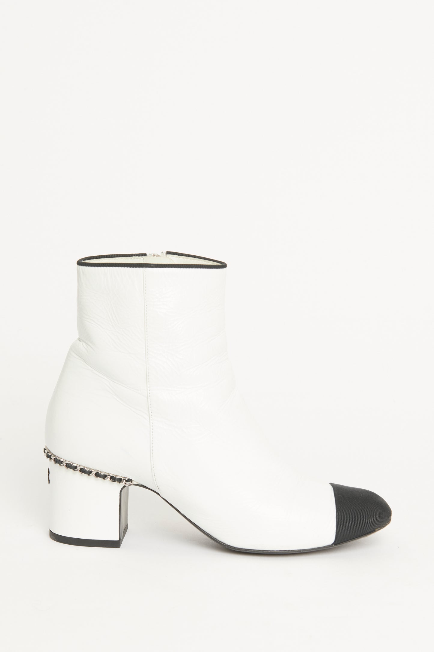 White Lambskin Grosgrain Cap Toe Preowned Ankle Boots