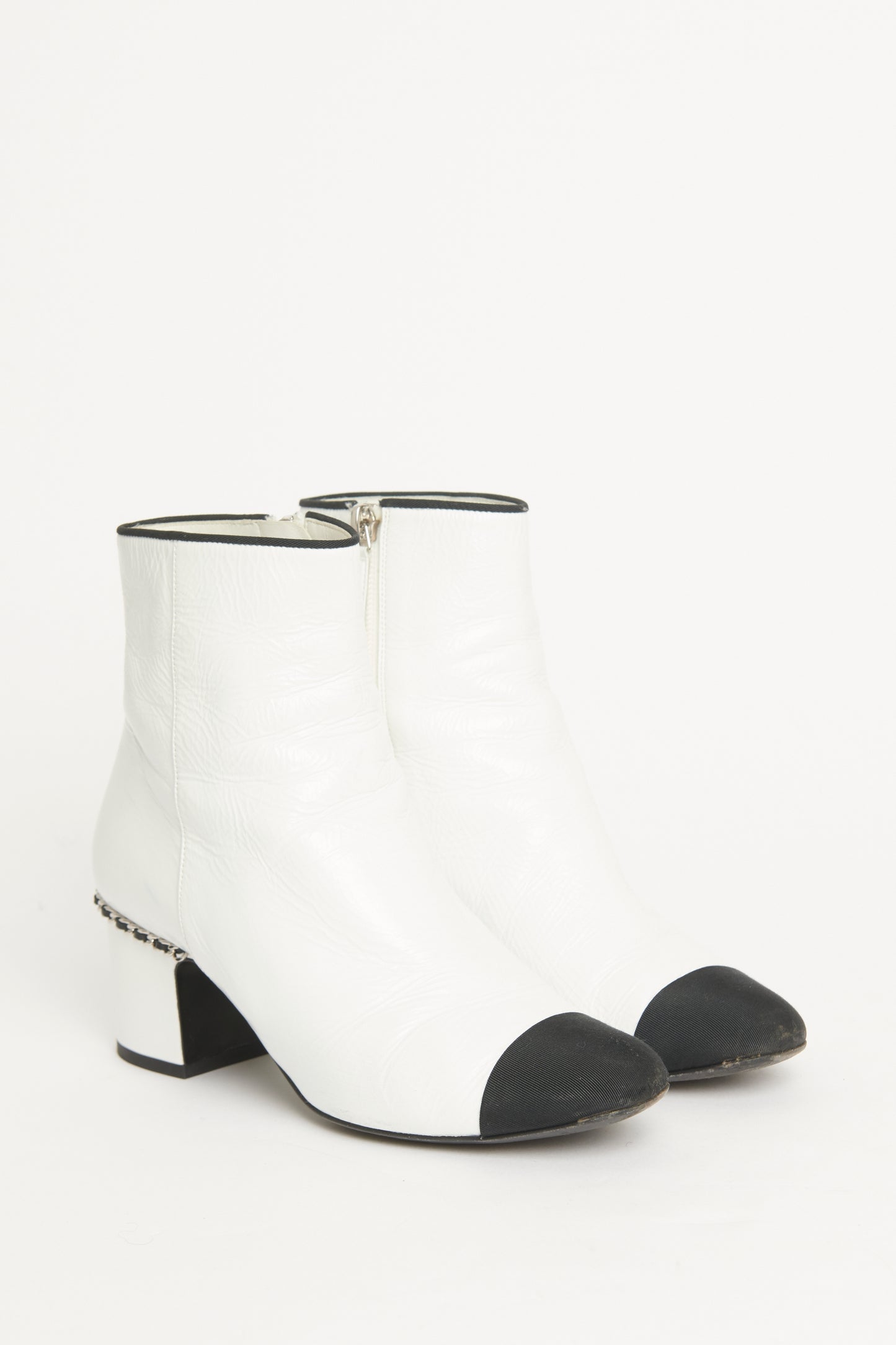 White Lambskin Grosgrain Cap Toe Preowned Ankle Boots