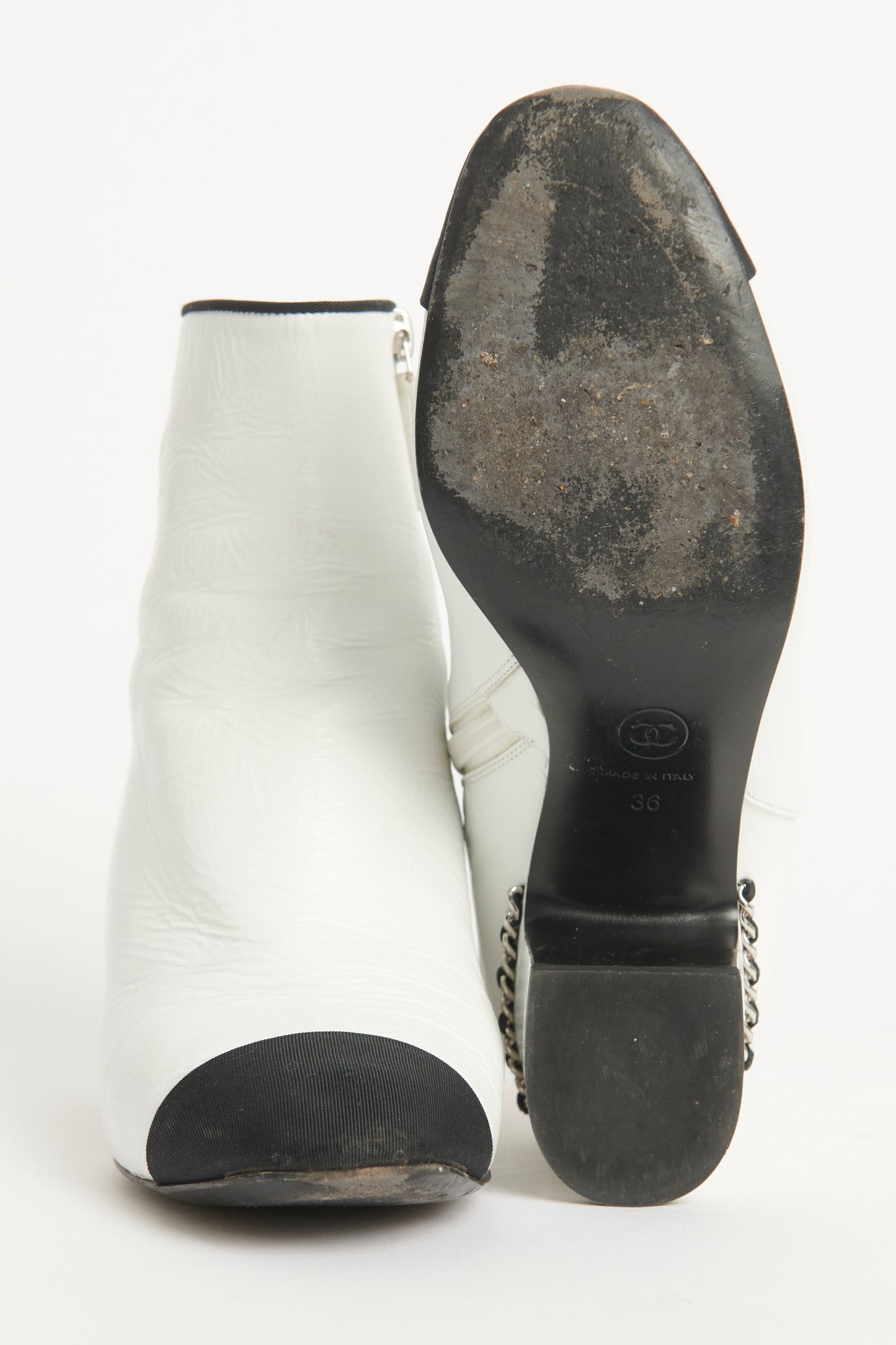 White Lambskin Grosgrain Cap Toe Preowned Ankle Boots