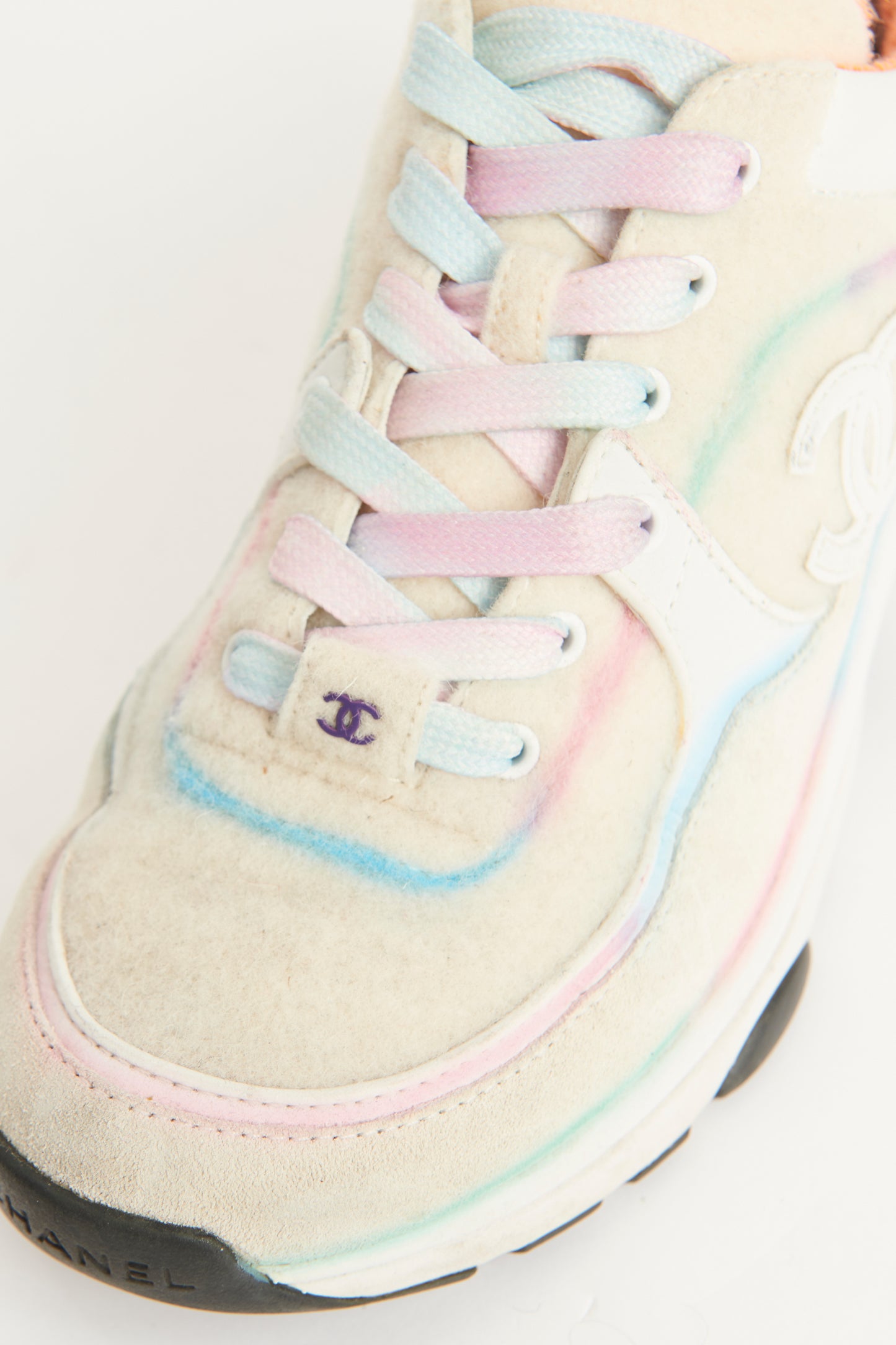 Multi White Wool & Leather Lace Up Preowned Pastel Sneakers