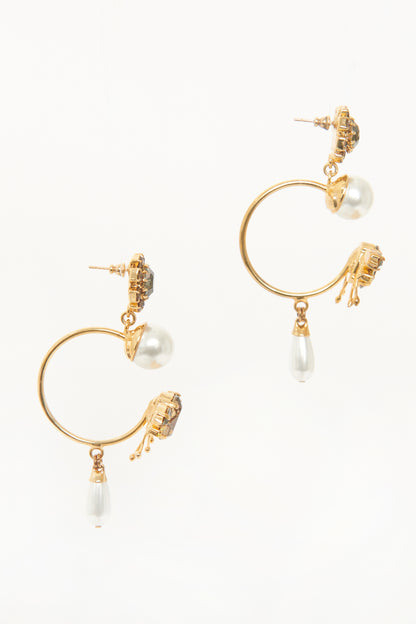 Gold Tone Bee Hoop Drop Prewoned Earrings