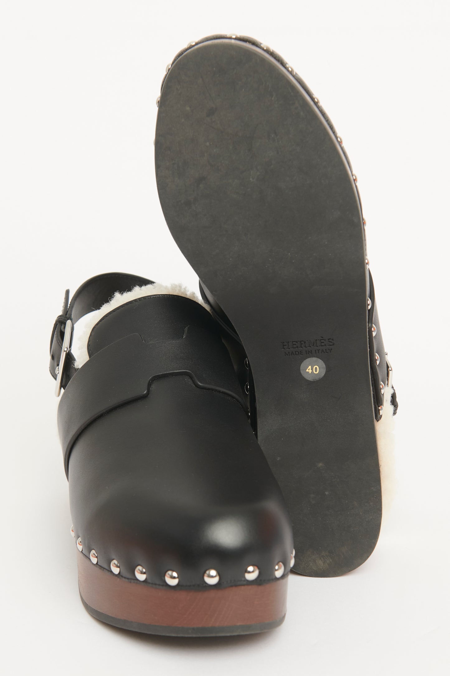 Carlotta Black Leather and Shearling Preowned Clogs