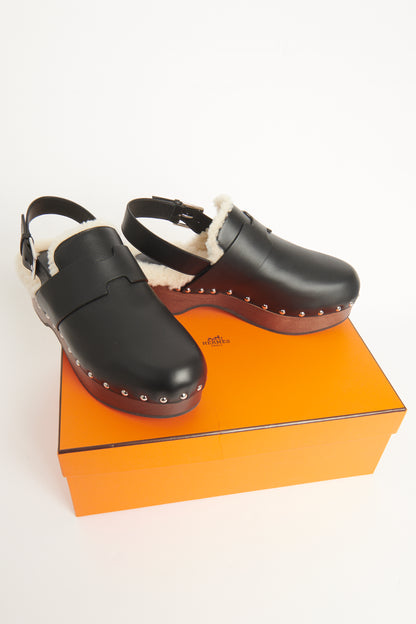 Carlotta Black Leather and Shearling Preowned Clogs