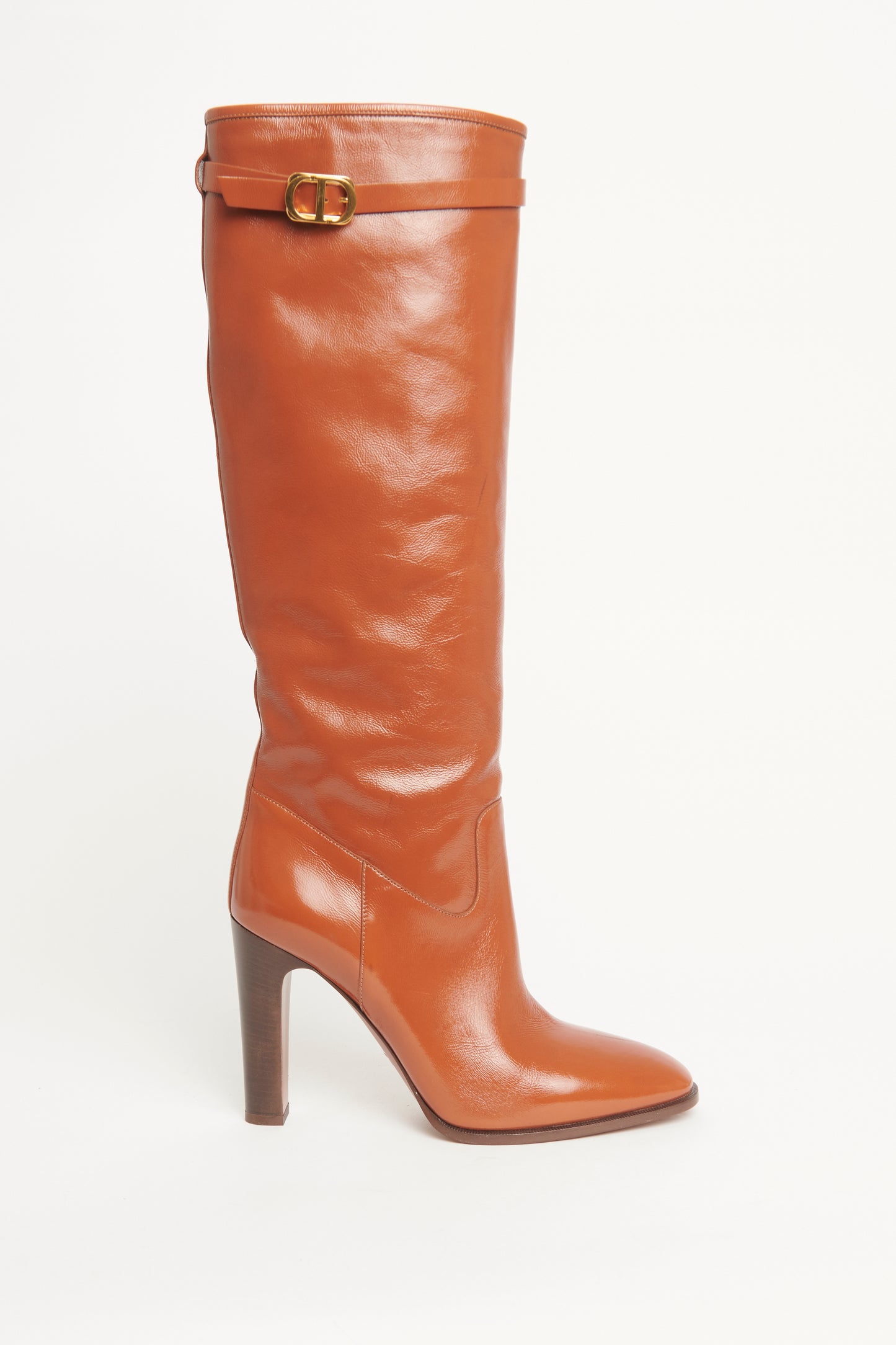 Cognac-brown Leather Heeled Preowned Long Boots