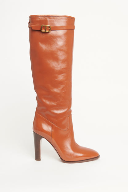 Cognac-brown Leather Heeled Preowned Long Boots