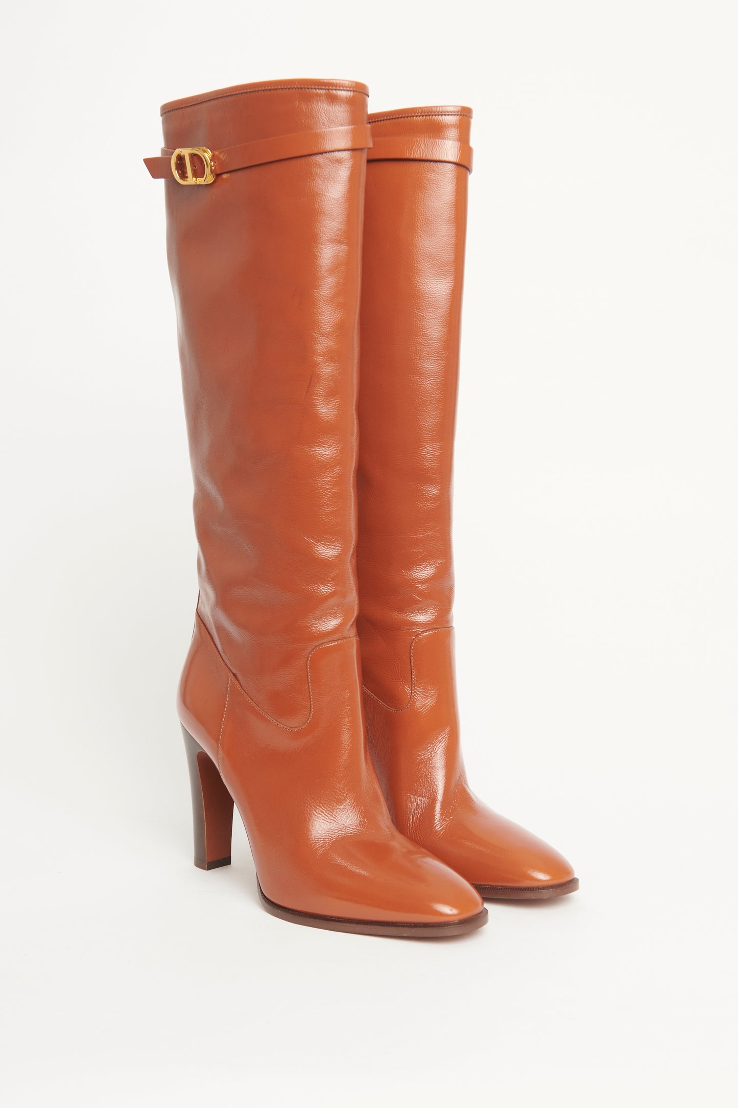 Cognac-brown Leather Heeled Preowned Long Boots